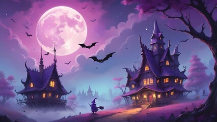 Two adorable, chubby white ghosts, wearing distinctive purple witch hats, merrily ride broomsticks across a fantastical Halloween night sky. A giant full moon glowing in shades of purple and pink