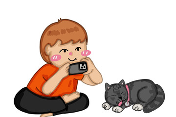 A boy take a photo his lovely cat 