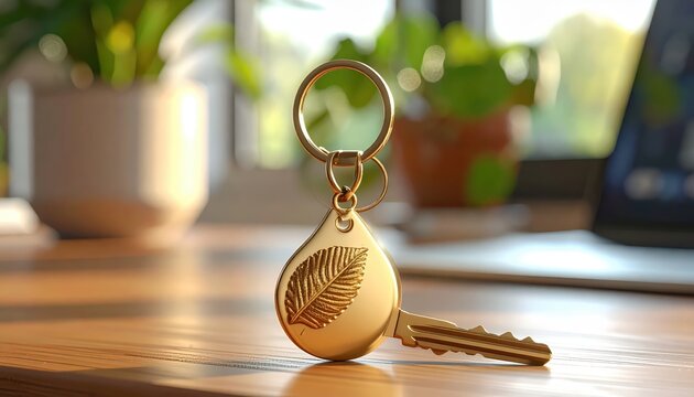 Golden key fob with a leaf design rests on a wooden surface, showcasing a simple elegance.