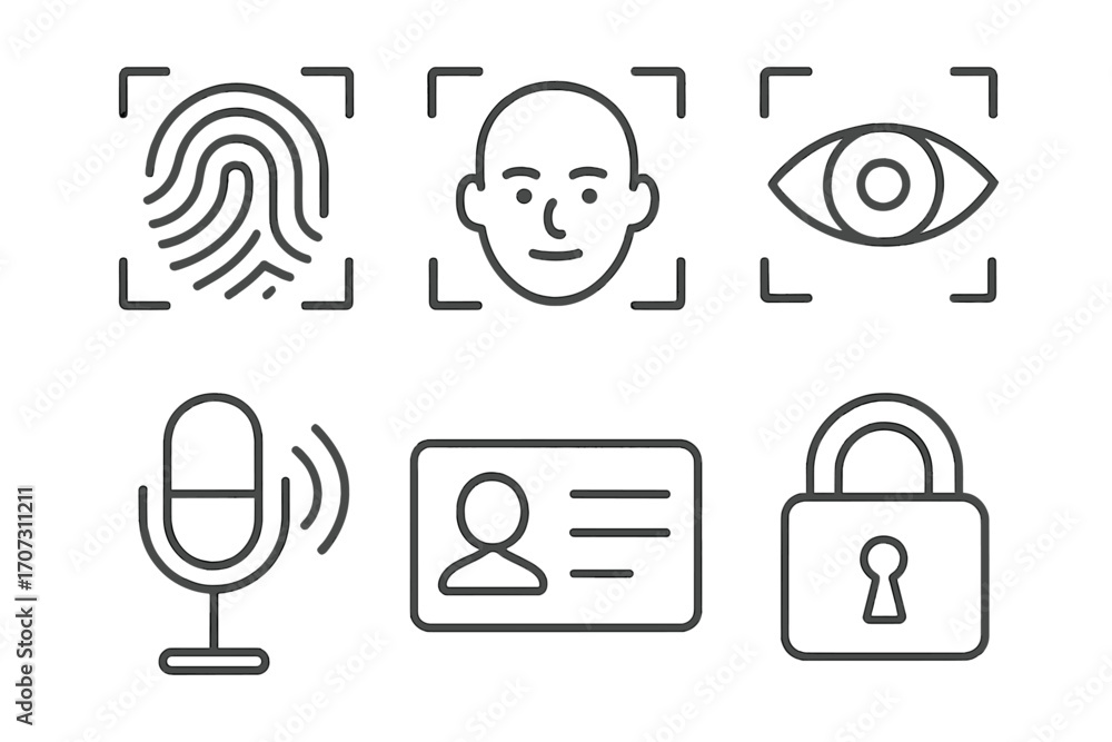 Poster biometric security icons for identity verification and authentication. vector line art set with fing
