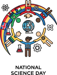 National Science Day Illustration Diverse Students and Scientists United Around the Globe