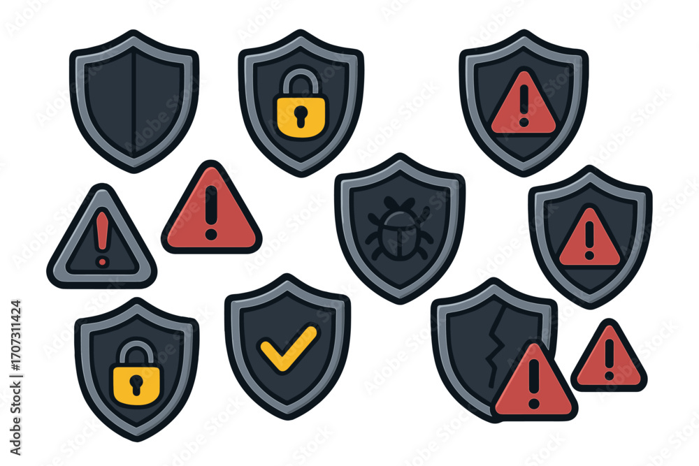 Poster cyber security and data protection vector icon set. dark mode interface symbols for safety, privacy,