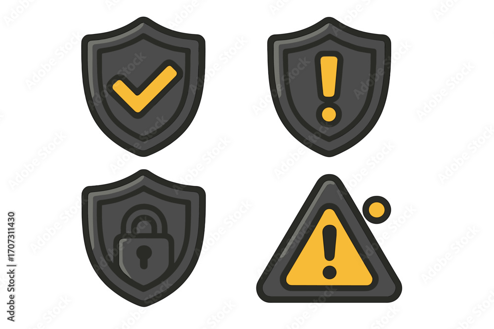 Poster dark mode security and protection icon set. vector cartoon illustration of shields with checkmark, p