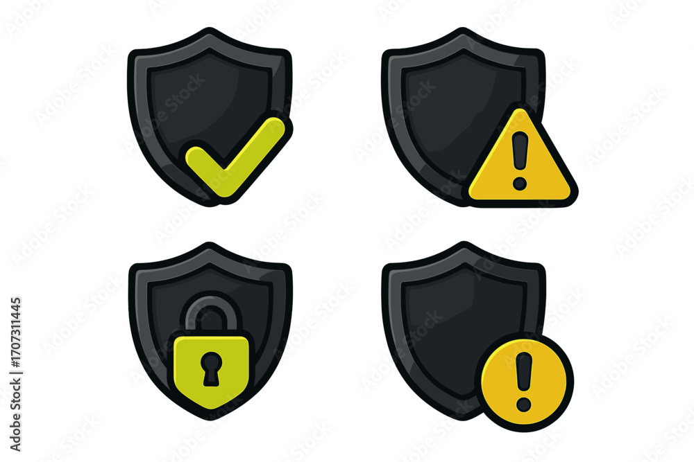 Aufkleber security and protection icon set for dark mode ui. vector cartoon illustration of shields with check