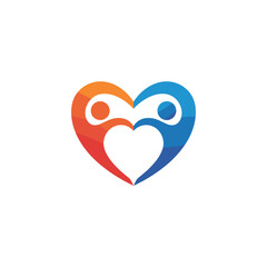 Fototapeta premium Colorful heart-shaped logo with two human figures in orange and blue – flat illustration