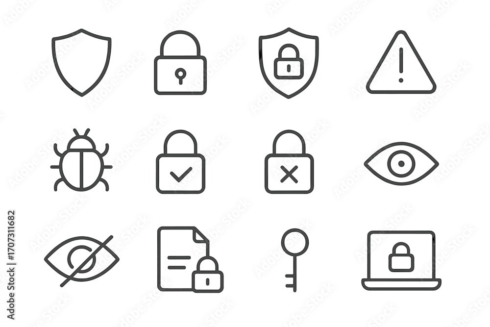 Poster cybersecurity and data privacy vector icon collection. minimalist line art symbols for internet safe
