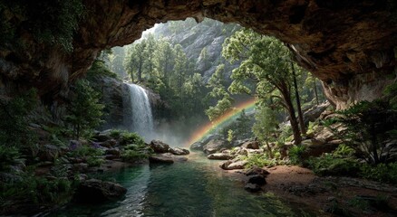 Lush waterfall cascading into a pristine pool, seen through a rocky cave opening with rainbow
