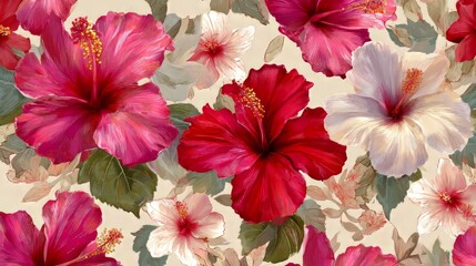 Vibrant Red and White Hibiscus Floral Seamless Pattern:  Elegant, Painterly Style, Tropical Mood.