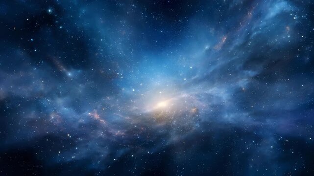 Twinkling stars over a deep universe with glowing cosmic dust clouds and bright central galaxy light creating spatial depth