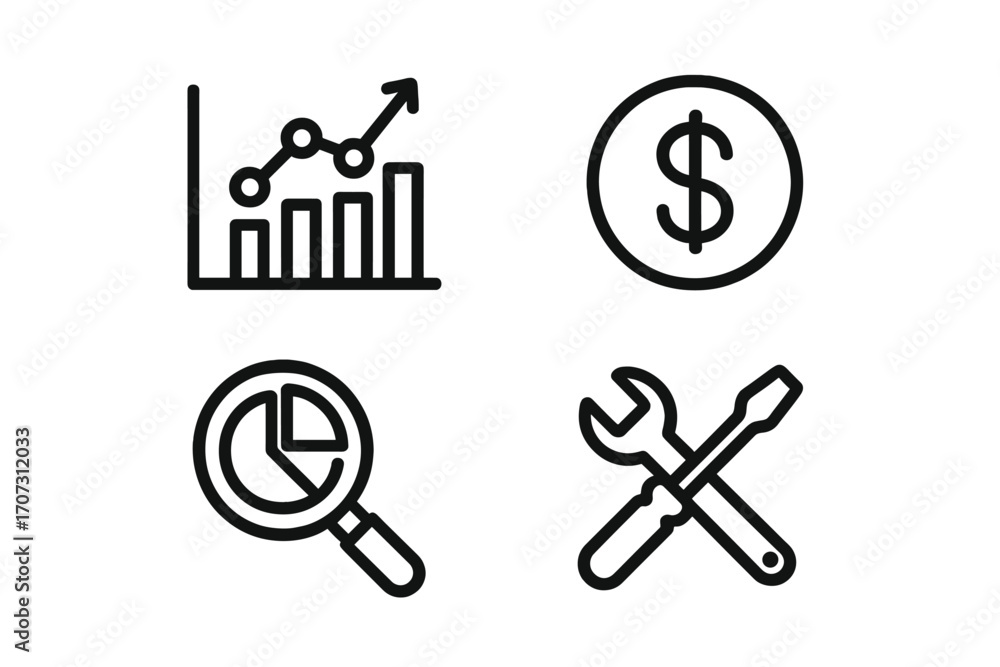 Poster business analytics line icon set vector. finance data graph chart for growth report. money currency 