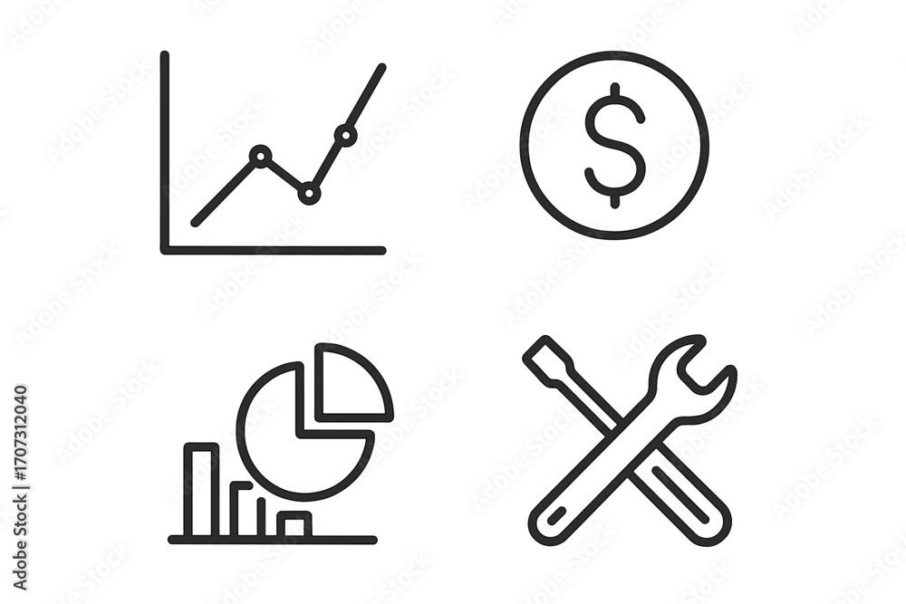 Poster set of business analytics line icons. minimalist vector symbols for data analysis, finance, graphs, 