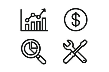 Business analytics line icon set vector. Finance data graph chart for growth report. Money currency dollar symbol. Research analysis magnifying glass. Tools settings icon.