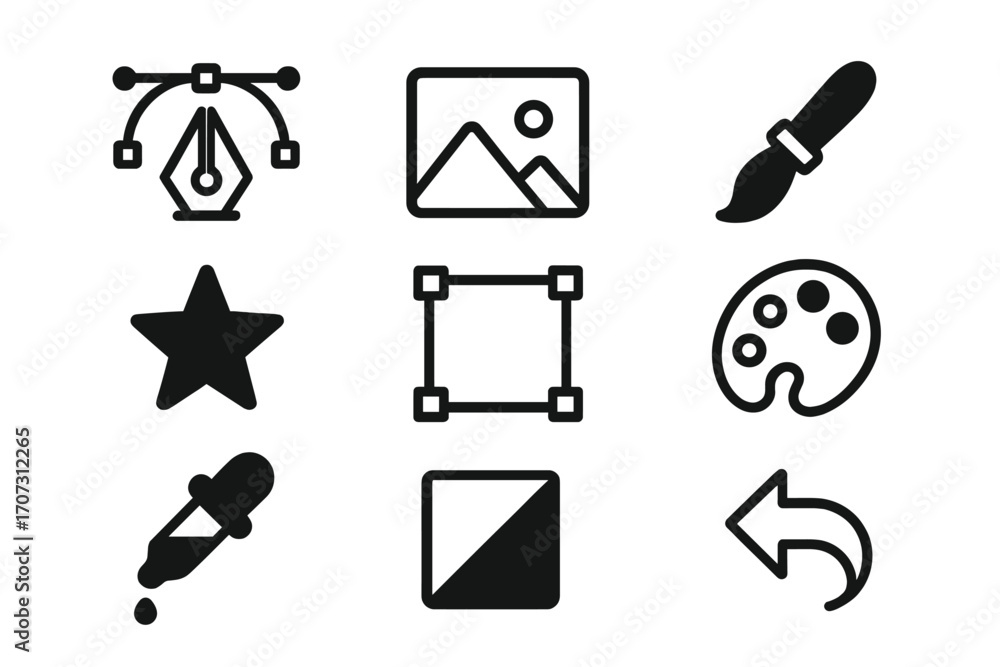 Poster minimalist graphic design icon set. creative editing tool symbols for ui ux design. vector elements 