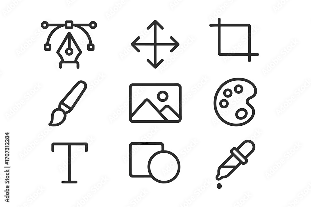 Aufkleber graphic design and photo editing line icon set. minimalist symbols for creative software ui. vector 