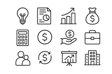 Minimalist business and finance line icon set. Vector symbols for presentation, app, and web. Concepts of money, growth, investment, analytics, idea, and company strategy.