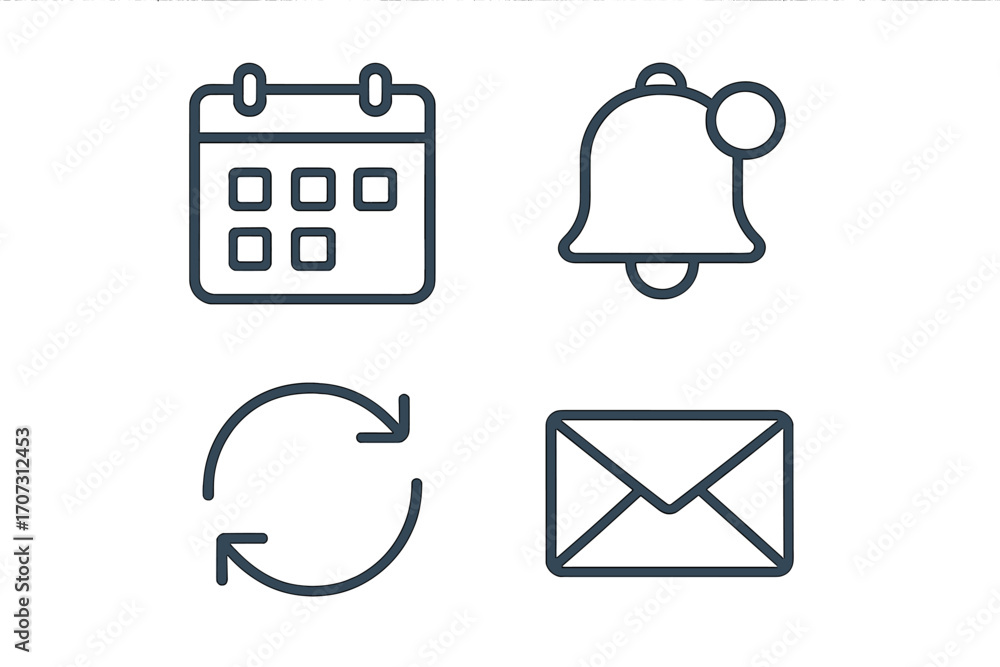 Poster minimalist icon set with calendar, notification bell, sync, and email symbols. vector line art illus