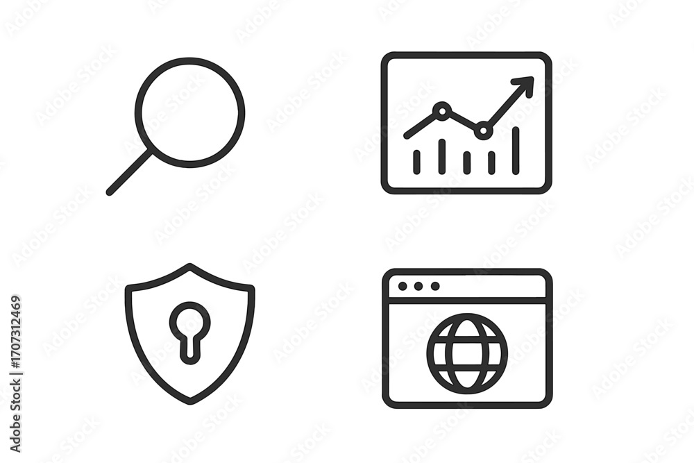 Poster web and business minimalist icon set. vector line art symbols for search, data analytics, internet s
