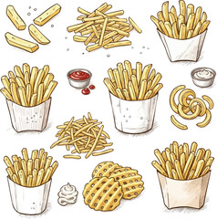 Various Styles of Delicious French Fries Hand Drawn Illustration for Food Branding