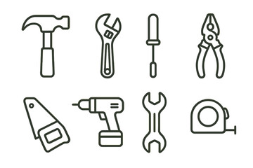 Minimalist line art icons of essential tools set including hammer, wrench, screwdriver, pliers, saw, electric drill, and tape measure for home, workshop, repair, and construction projects