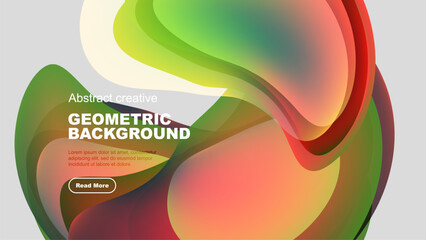 Vibrant abstract shapes overlap, creating dynamic colorful background. Text promotes geometric design, inviting further exploration.