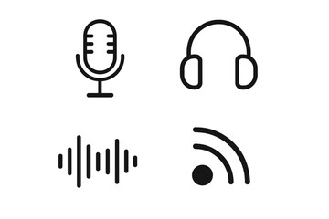 Minimalist podcast icons set with vintage microphone, headphones, sound wave, and RSS feed symbols, vector cartoon design with transparent background for audio and broadcasting