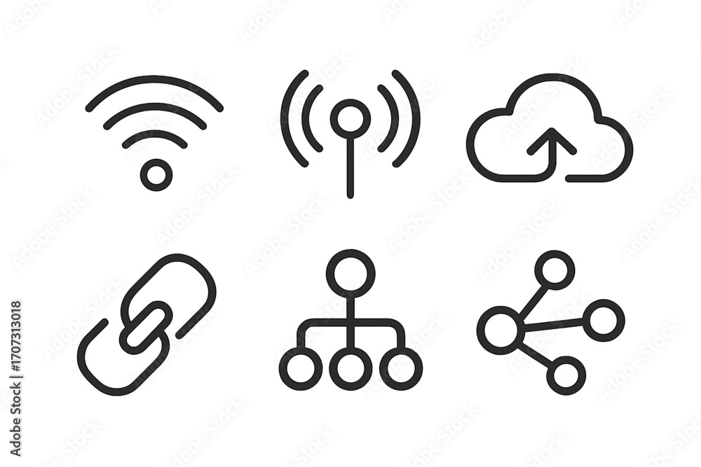 Aufkleber minimalist technology icons set featuring wireless signal, network connectivity, cloud upload, link 