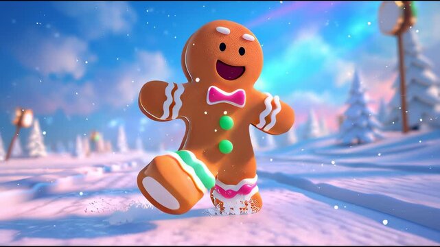 A cartoon gingerbread man is running through the snow. The scene is bright and cheerful, with a sense of playfulness and joy