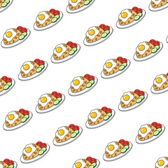 Seamless pattern of delicious fried rice with egg and vegetables