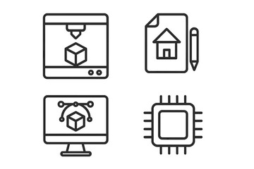 Minimalist linear icons set for 3D printing, 3D design, digital modeling technology, computer graphics, chip processor, creative engineering, CAD software interface