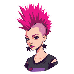 Pink mohawk female cartoon character with edgy style and earrings &ndash; flat illustration