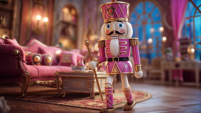 A small wooden nutcracker is standing in a room with a pink couch and a pink table