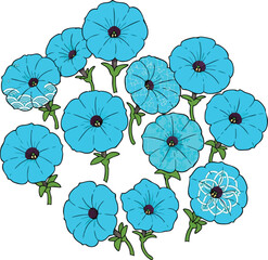 Vibrant Turquoise Petunia Flower Bouquet Botanical Illustration