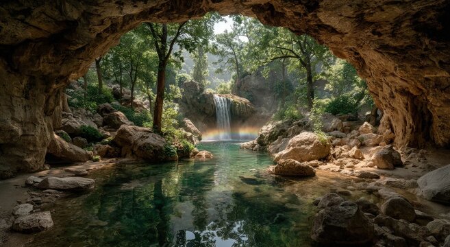 Cave frames tranquil waterfall, rainbow, and lush foliage reflecting in clear water - Powered by Adobe