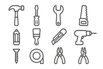 Minimalist vector tool icons set for crafts, DIY, construction, home improvement. Hammer, screwdriver, wrench, saw, drill, knife, brush, pencil, tape, screw, pliers. Editable outline illustration.