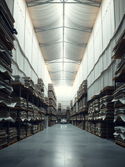 Warehouse interior with stacks of fabric. Generative by AI