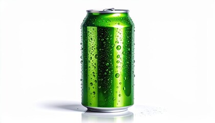 A vibrant green aluminum can, glistening with condensation, is displayed against a stark white backdrop.