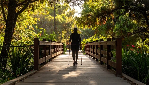 Silhouette of a person walking on a park bridge