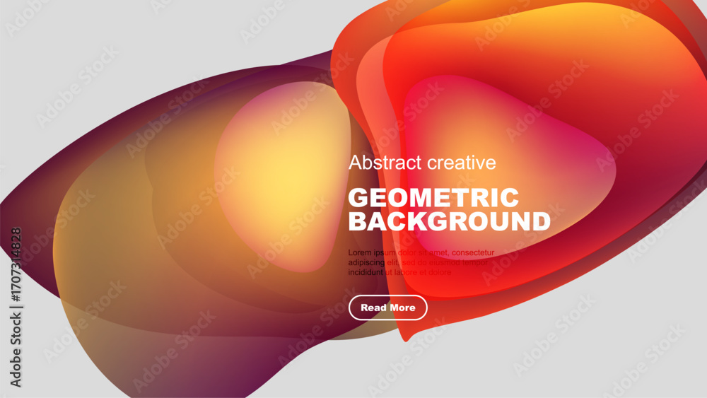 Poster abstract fluid shapes overlap, creating vibrant color gradients. text block present with read more b