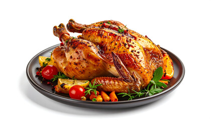 Delicious golden brown roasted chicken garnished with fresh herbs, lemon, and tomatoes, isolated on a white background