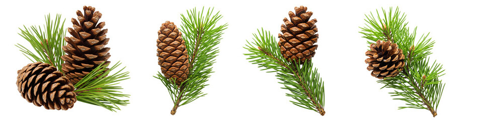 Fototapeta premium Collection of pine cones and pine leaves isolated on white or transparent background