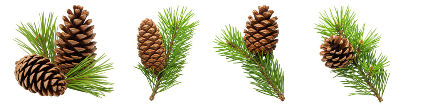 Collection of pine cones and pine leaves isolated on white or transparent background
