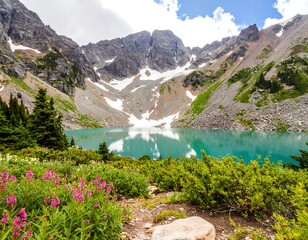 Turquoise alpine lake nestled in a rocky mountain valley, surrounded by wildflowers and evergreens