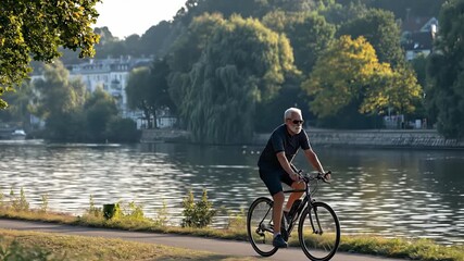 Elderly man cycling along a serene riverside path, surrounded by lush greenery and autumn foliage, showcasing the joy of outdoor exercise and healthy living