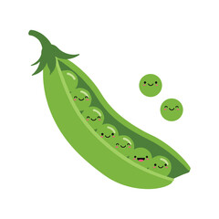 Naklejka premium Cartoon peas in a pod with happy faces on a – flat illustration