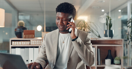 Business, phone call and black man with laptop in office for insurance policy, negotiation and...