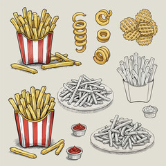 Assorted French Fries Vector Illustration Set of Fried Potato Snacks