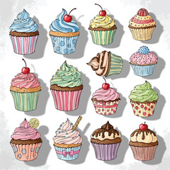 Colorful Hand Drawn Cupcakes Collection Decorative Dessert Designs for Various Occasions