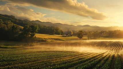 Obraz premium Golden hour bathes a rural valley in light, showcasing farmland, rolling hills, and hazy atmosphere