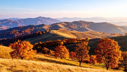 Naklejka premium autumn landscape with trees in the foreground and hills