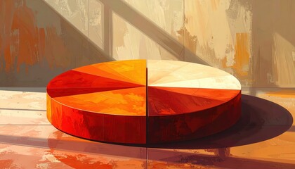 A circular, segmented object, suggestive of a pie chart, rests on a light-brown surface within a textured, sunlit interior space.